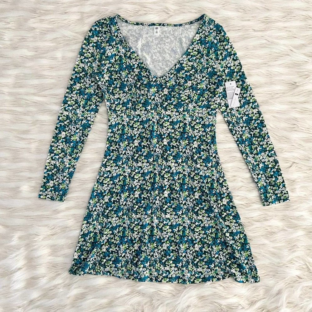 BP Blue Green Floral V-Neck Long Sleeve Floral Flare Knit Mini Dress Sz S